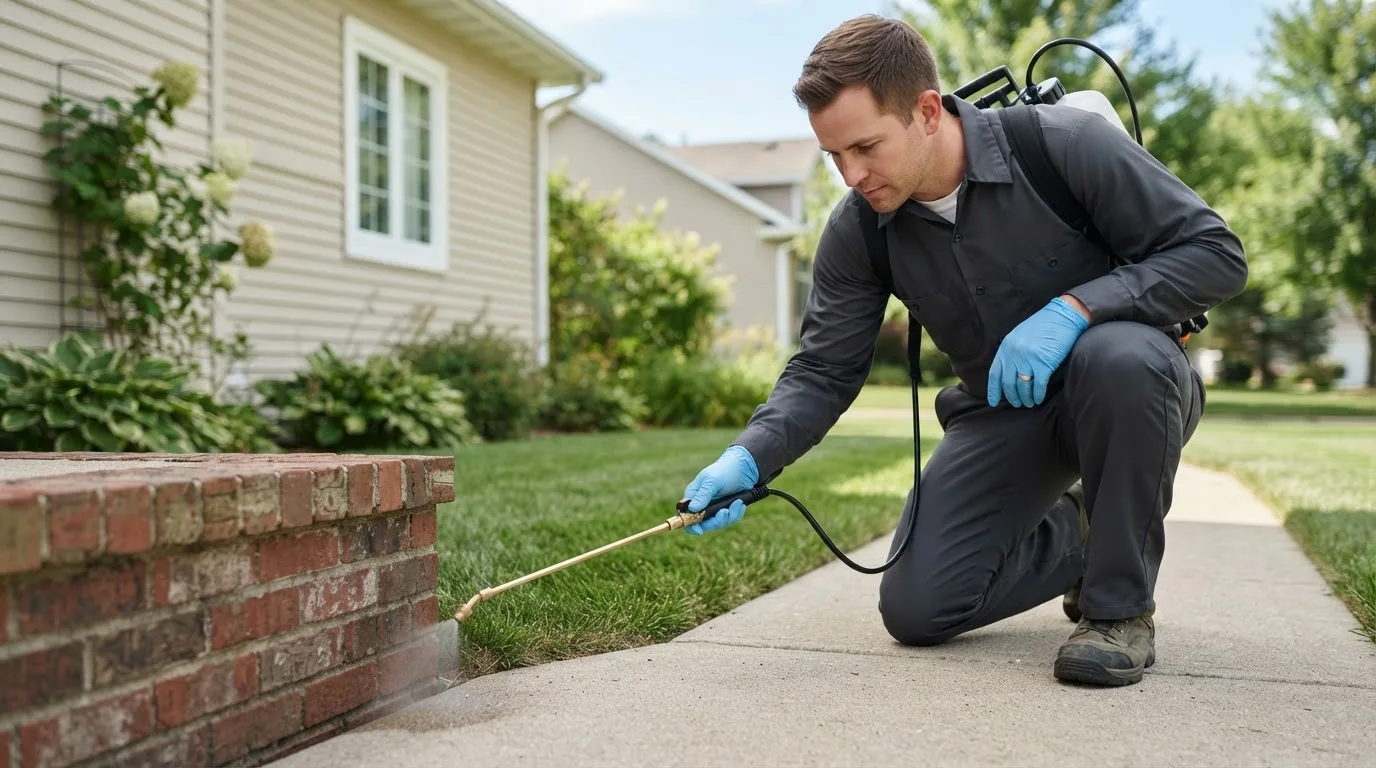 Pest control technician treating a home near Luthersville, GA